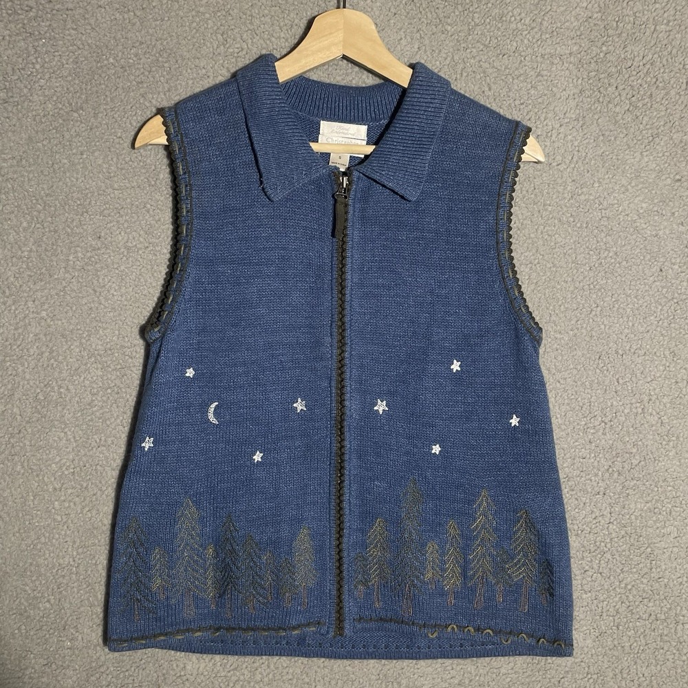 Vintage Christopher & Banks Sweater Vest Winter Tree Blue embroidered Women’s S